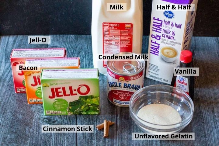 Ingredients to make gelatina con tres leches.