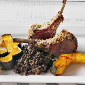 Pistachio crusted lamb chops with lentils and winter squash.