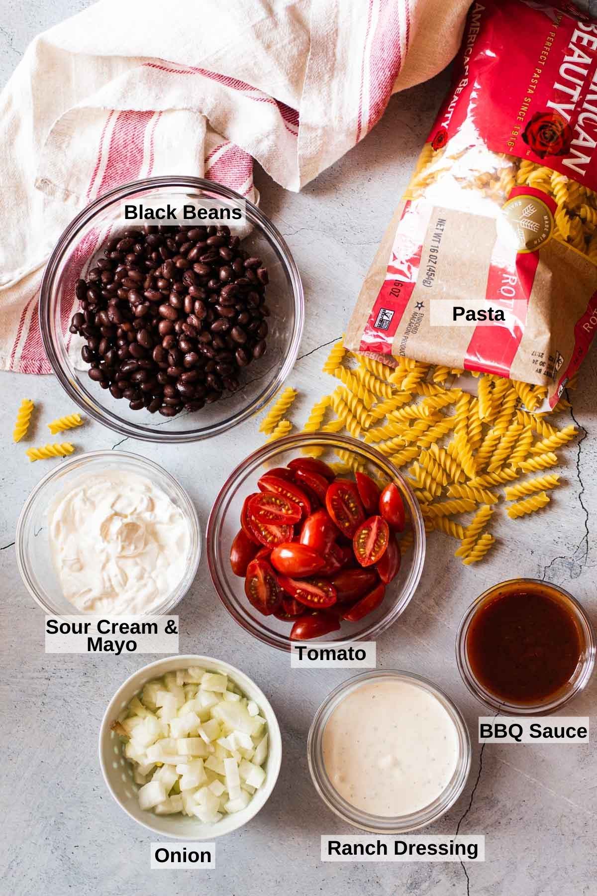 Ingredients to make bbq pasta salad with black beans.