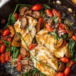 Chicken mushroom and spinach skillet with cherry tomatoes and parmesan.