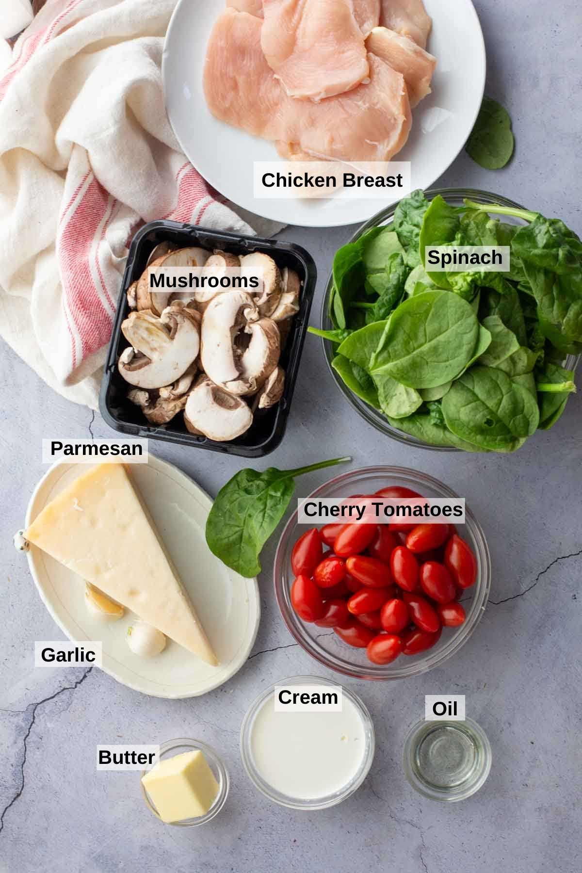 Ingredients to make Chicken Mushroom and Spinach skillet dinner.