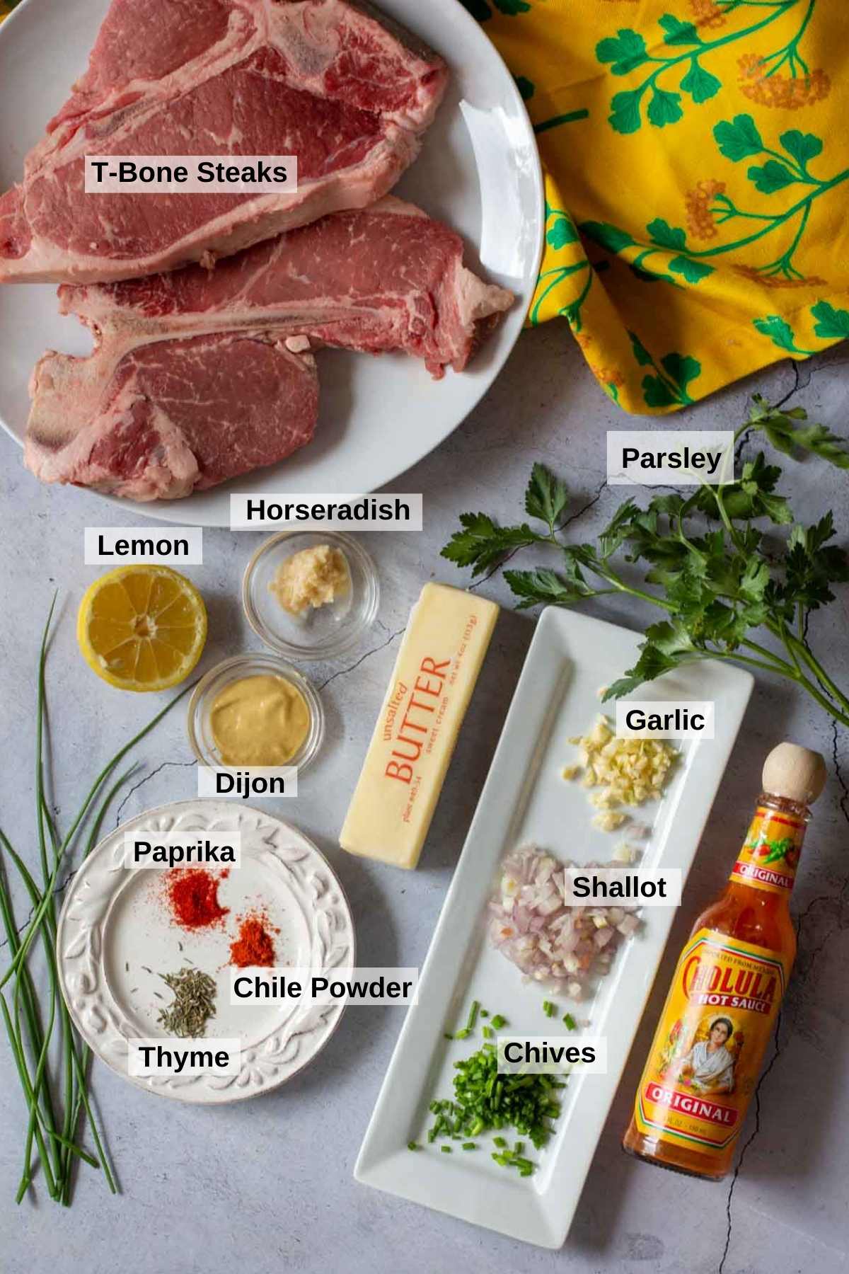 Ingredients to make grilled t-bone steaks with cowboy butter.