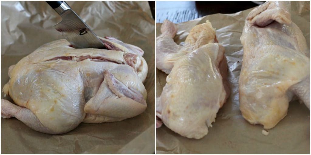 How to cut a chicken in half to grill a whole chicken.