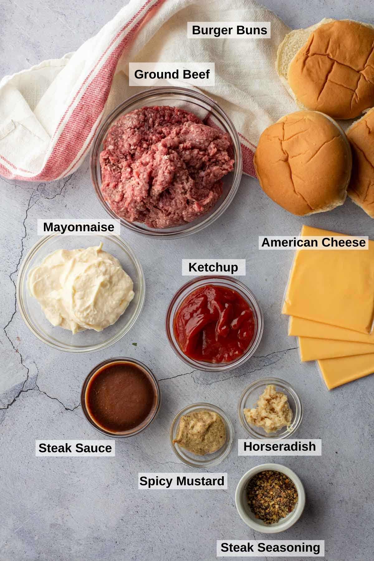 Ingredients to make steak house burgers.