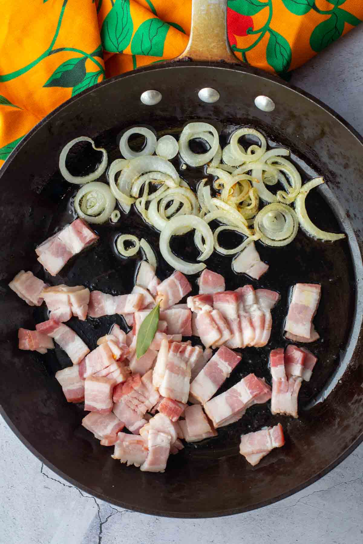 Frying onions and bacon to make Pasta mio Amore.