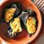 Roasted poblano peppers stuffed with spicy mashed potatoes.