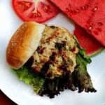 Southwestern grilled ground chicken burgers served with watermelon.