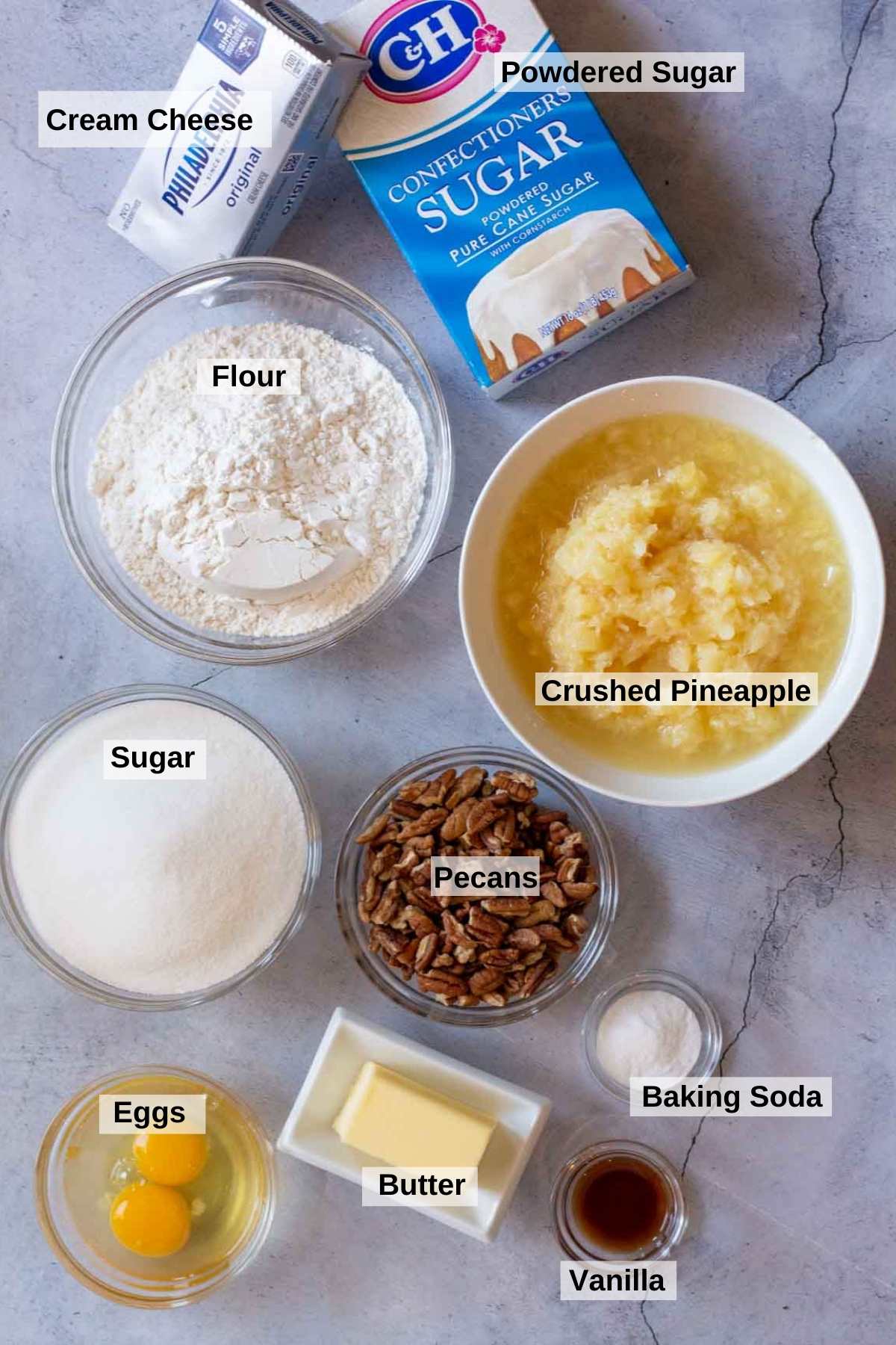 Ingredients to make old fashioned pineapple cake with crushed pineapple.