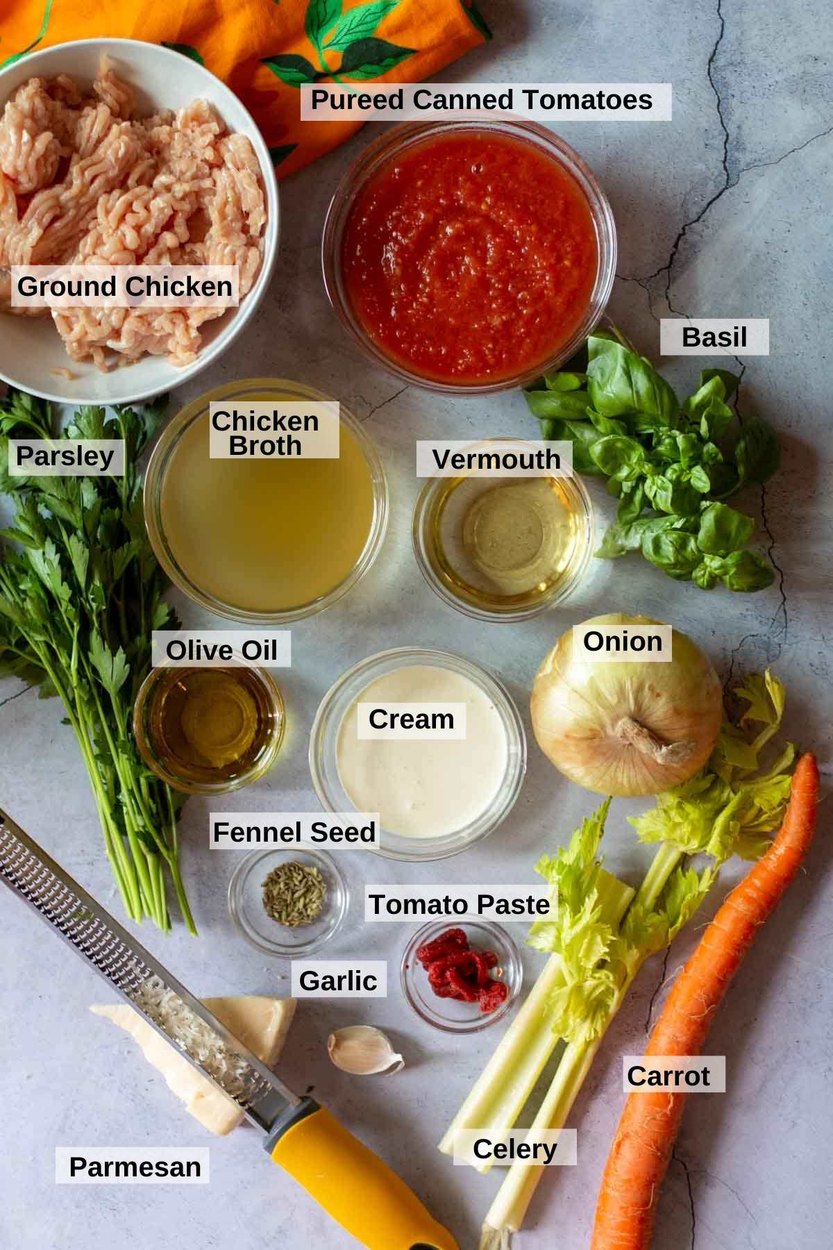 Ingredients to make chicken bolognese.