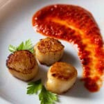 Roasted red bell pepper coulis served with seared scallops.
