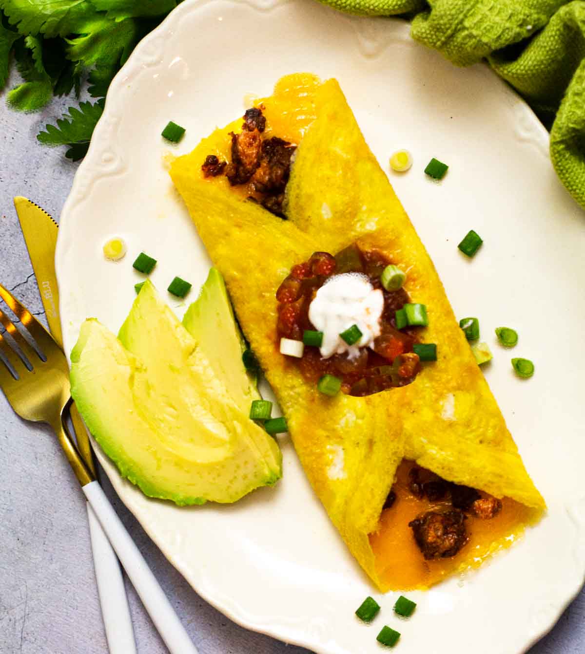 Mexican omelette with chorizo and cheese.