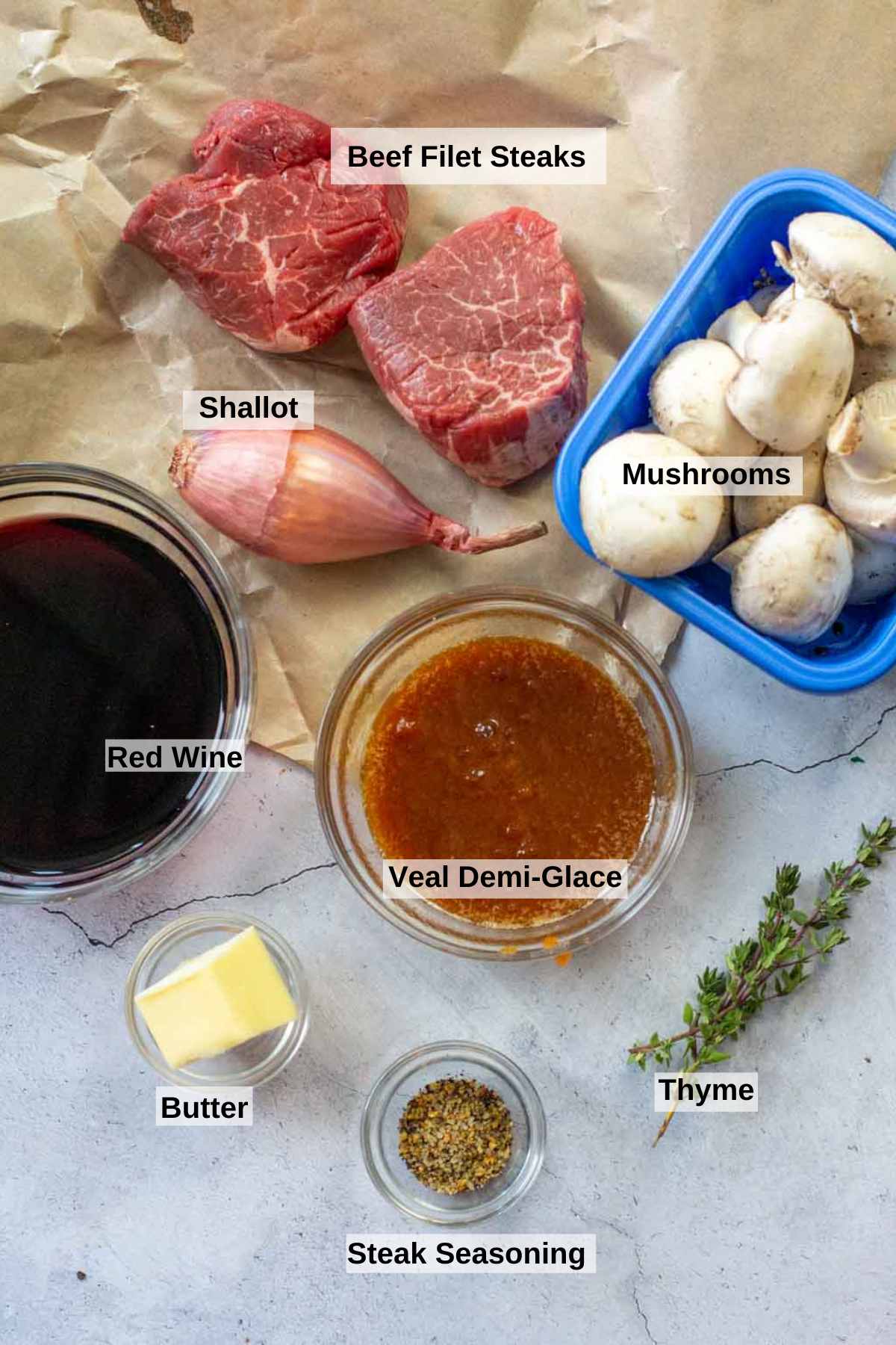 Ingredinets to make beef tournados with mushroom red wine sauce.