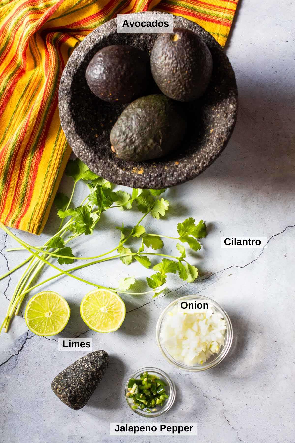 Ingredients to make chunky guacamole in a molcajete.