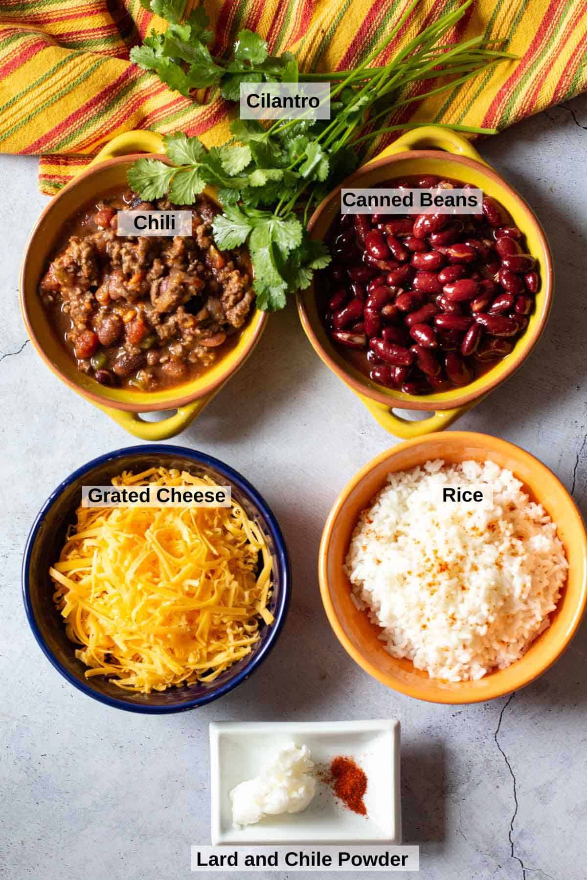Ingredients to make a chili burrito.