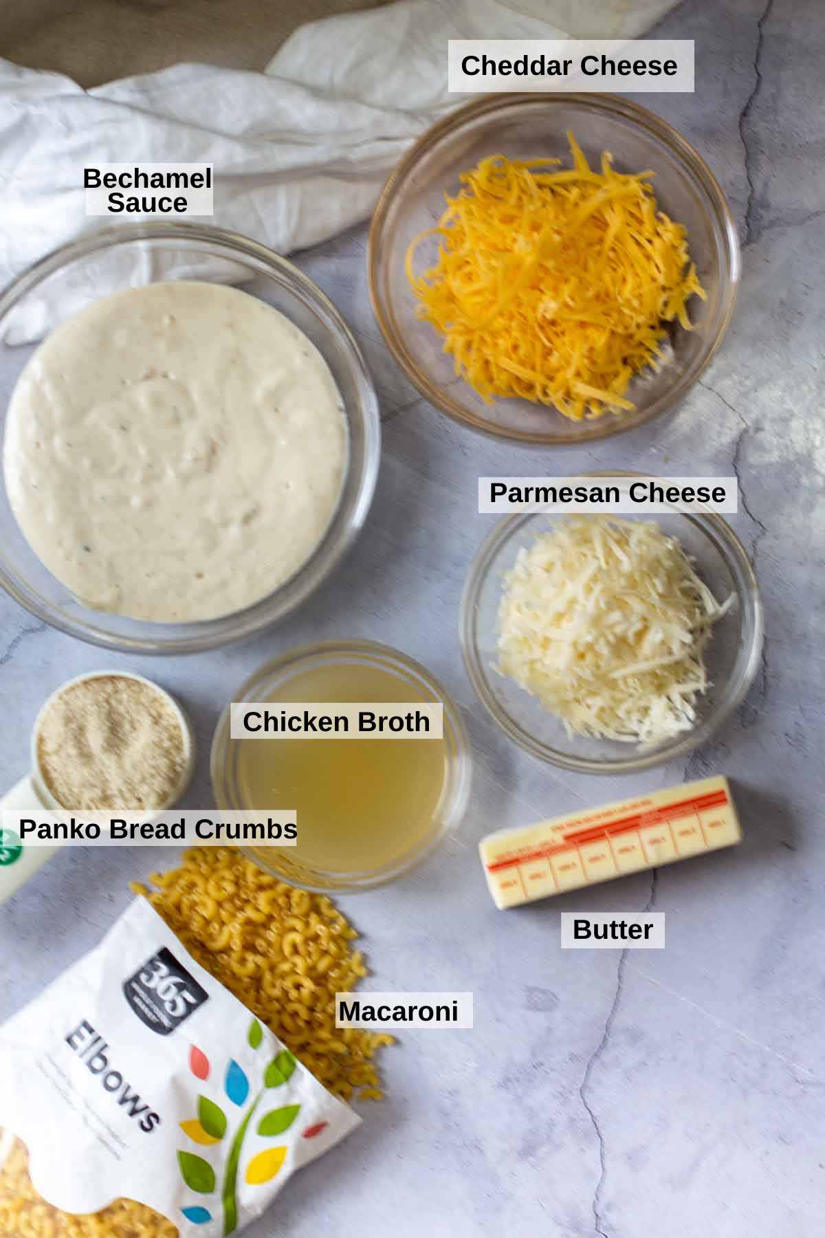 Ingredients to make macaroni Bechamel.