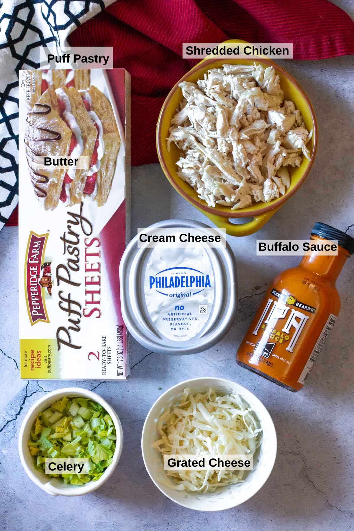 Ingredients to make Buffalo Chicken Puff Pastry Pinwheels