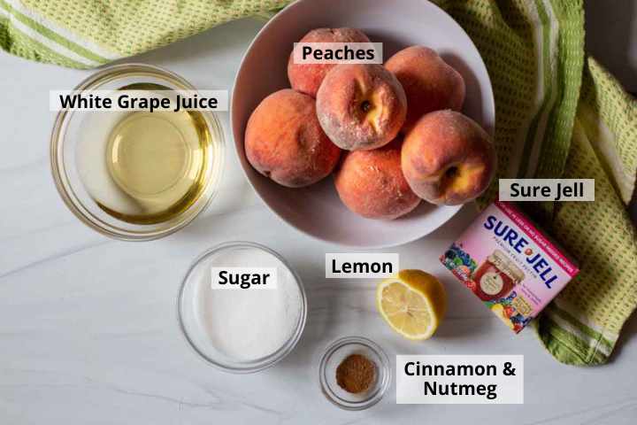 Ingredients to make freezer peach jam.