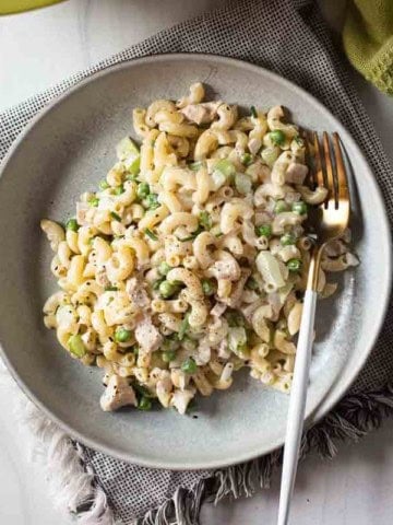 Chicken macaroni salad on a white plate.