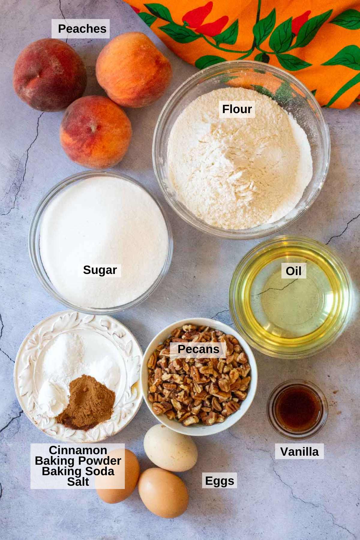 Ingredients to make peach bread.