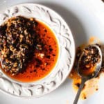 Salsa Macha, Mexican chile oil on a white plate.