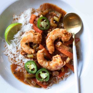 Shrimp stew served over rice.