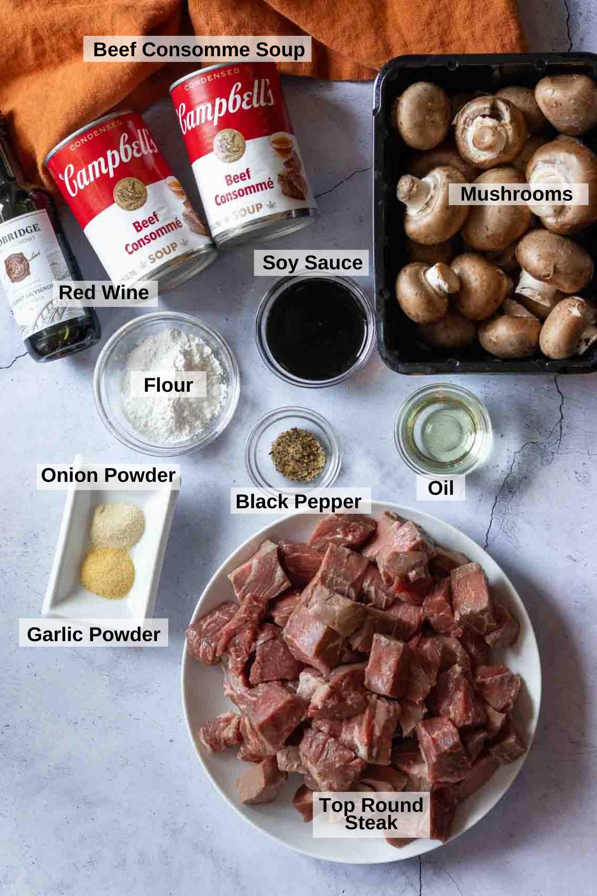 Ingredients to make slow cooker beef tips with gravy.