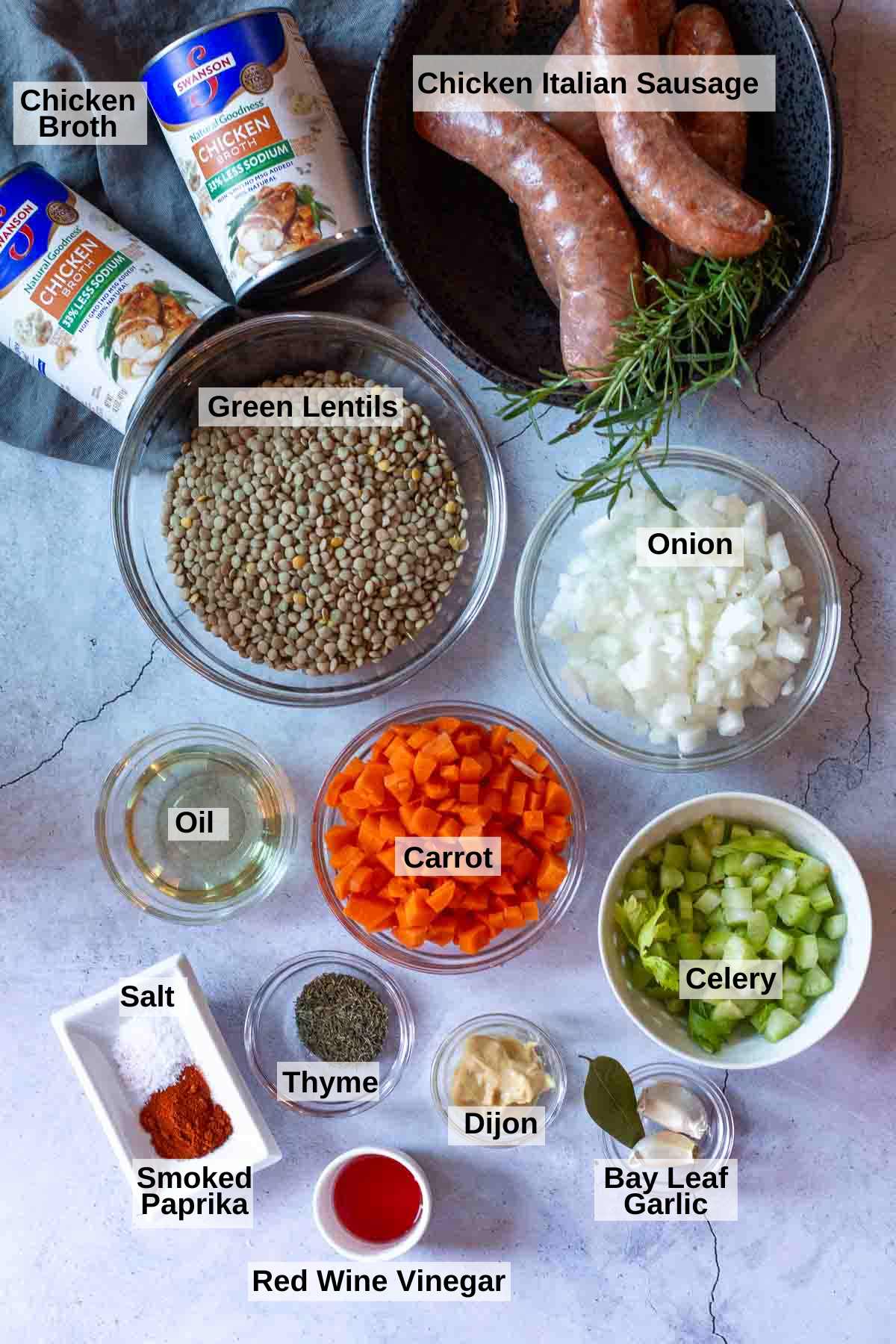 Ingredients to make sausage and lentils.