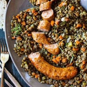 Chicken Italian Sausage and Lentils served on a platter.