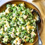 Frozen green pea salad with eggs.