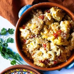 Green Chile Mac and Cheese in a serving bowl.