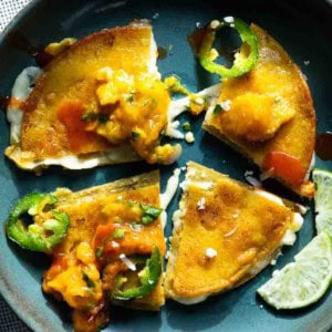 Queso Fresco Quesadillas with peach salsa.
