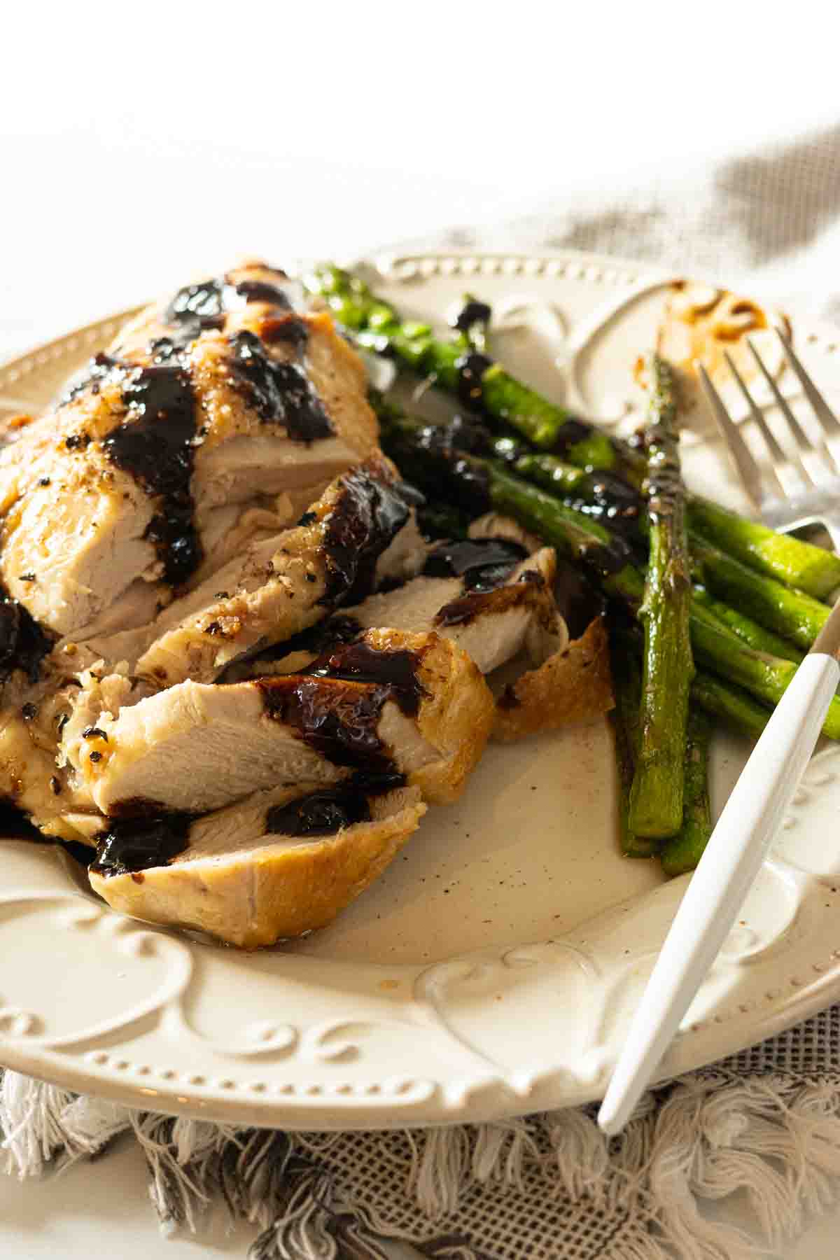 Balsamic fig glaze drizzled over boneless skinless chicken breasts.