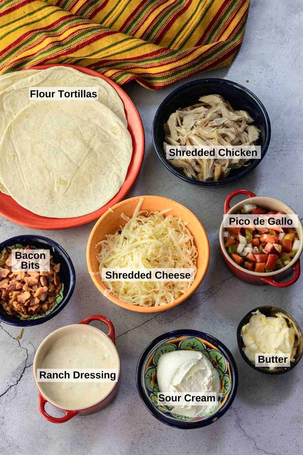 Ingredients to make chicken bacon ranch quesadillas.