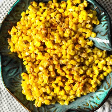 Honey Butter Skillet Corn in a blue serving bowl.