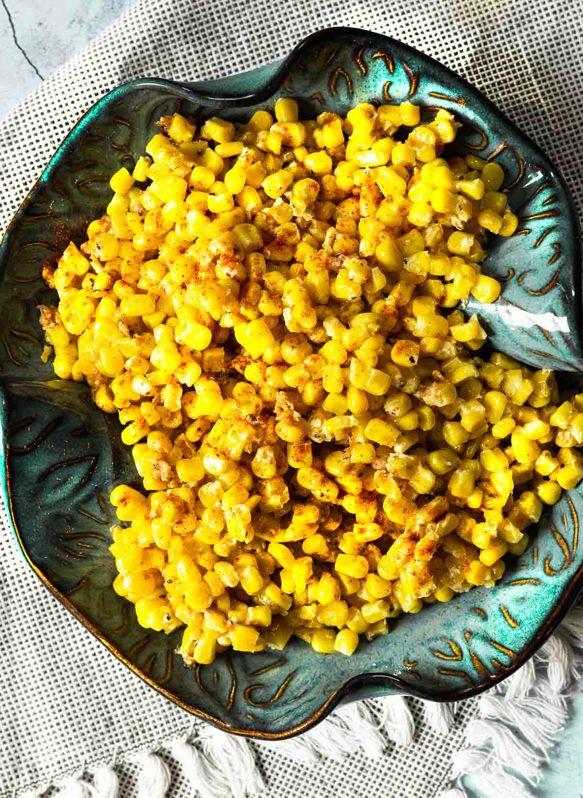 Honey Butter Skillet Corn in a blue serving bowl.