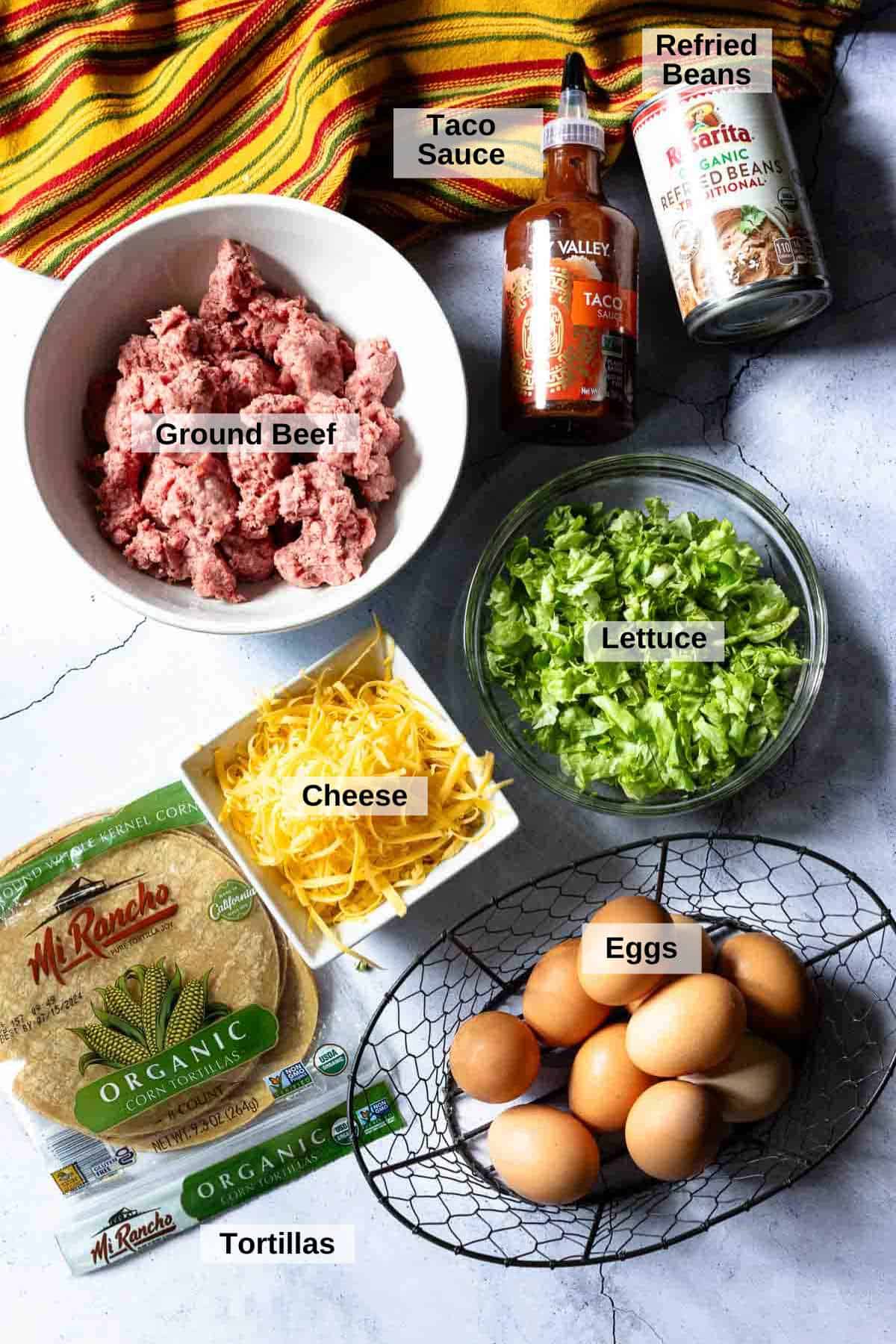 Ingredients to make tortilla burgers.