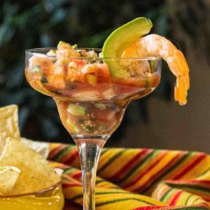 Campechana Mexican Shrimp cocktail in a margarita glass.