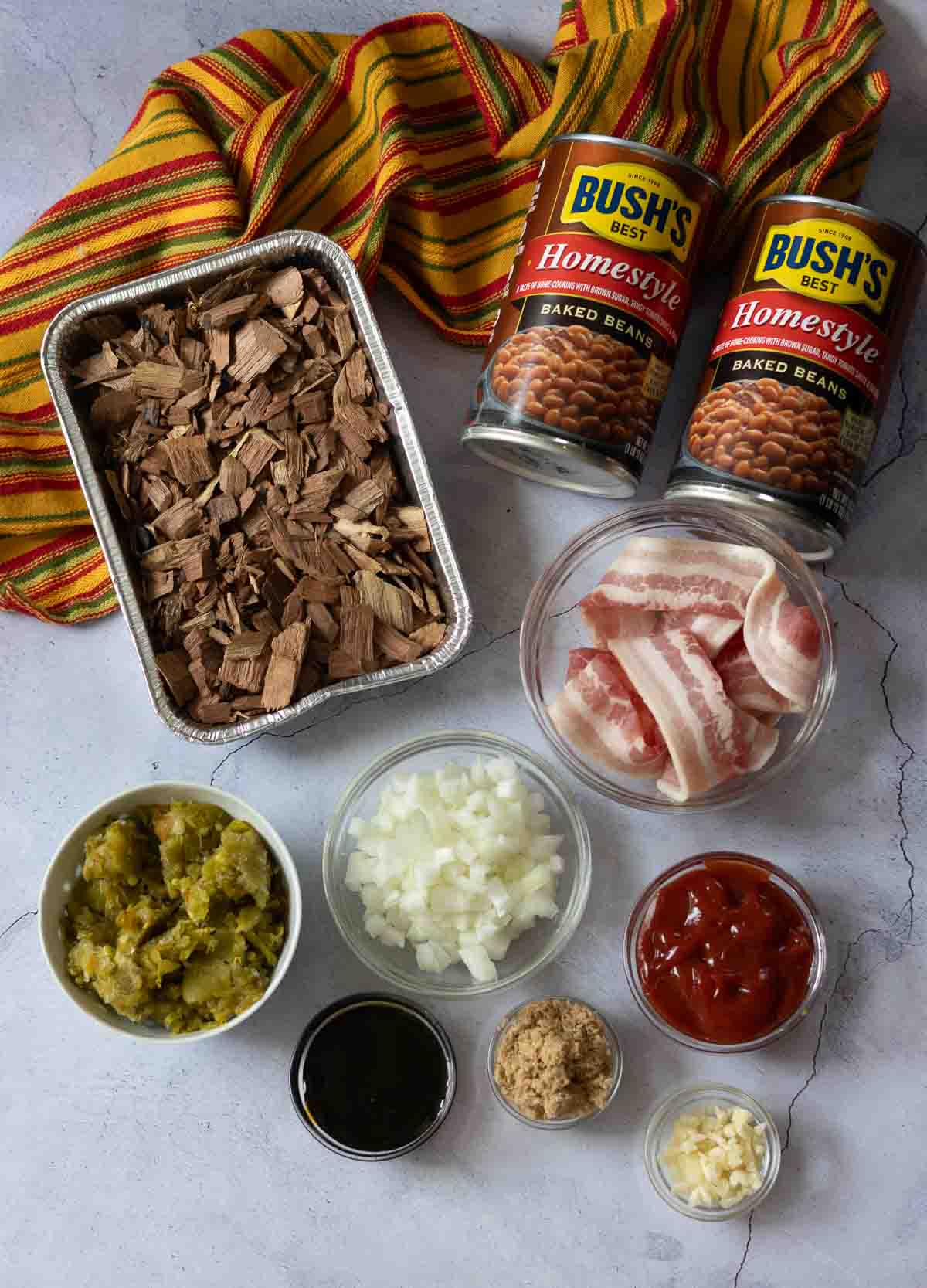 Ingredients to make bbq baked beans on the grill.