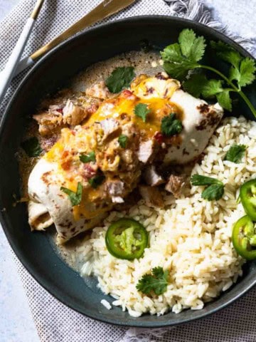 Green Chili Burritos served with white rice.