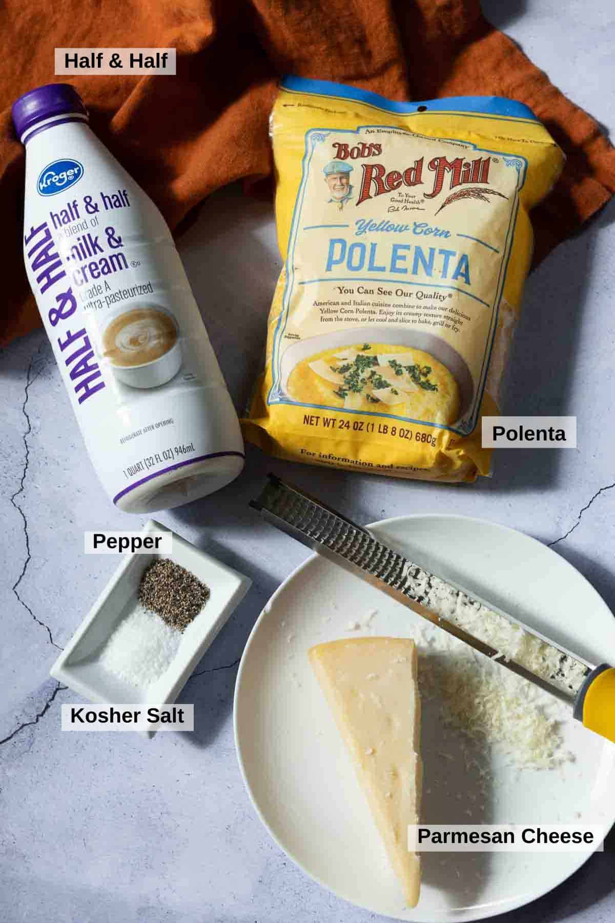 Ingredients to make polenta for shrimp and polenta.