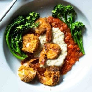 Shrimp and Polenta with marinara and baby broccoli.
