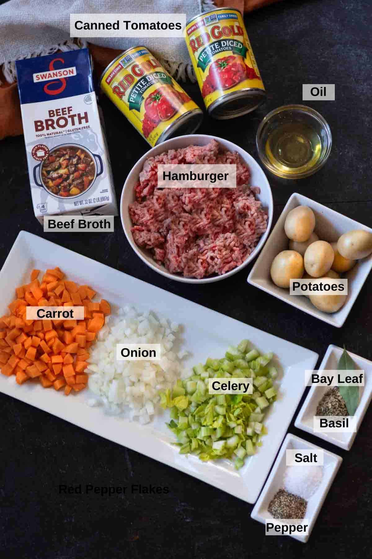 Ingredients to make hamburger potato soup.