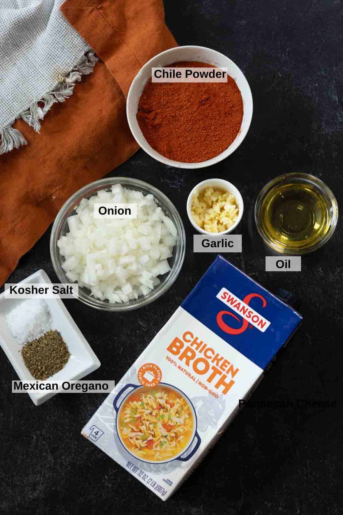 Ingredients to make red chile sauce from powder.