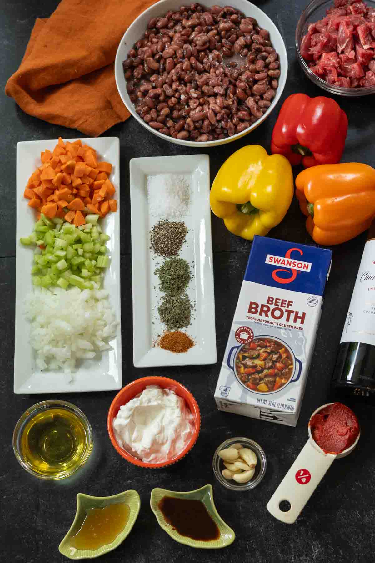 Ingredients to make bean and beef soup.