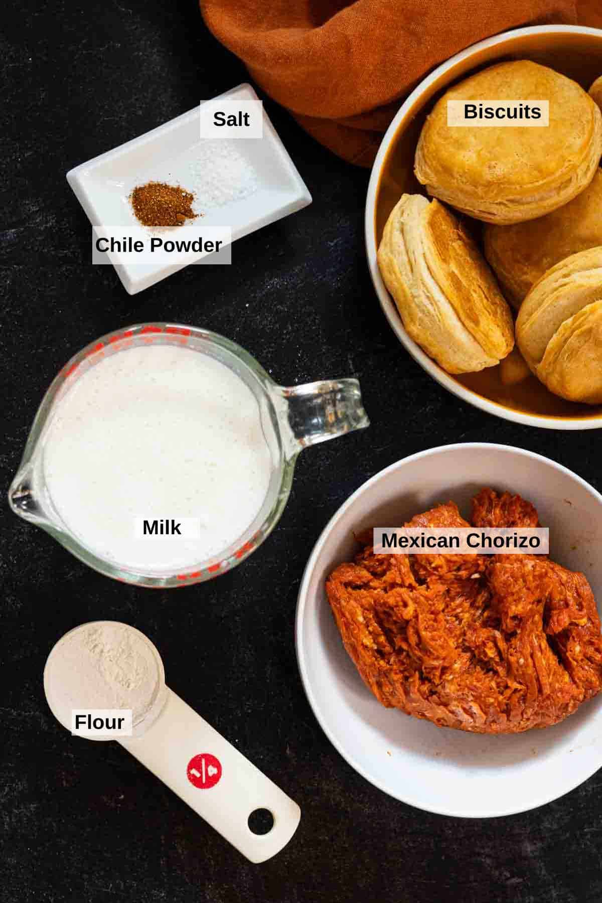 Ingredients to make chorizo gravy and biscuits.