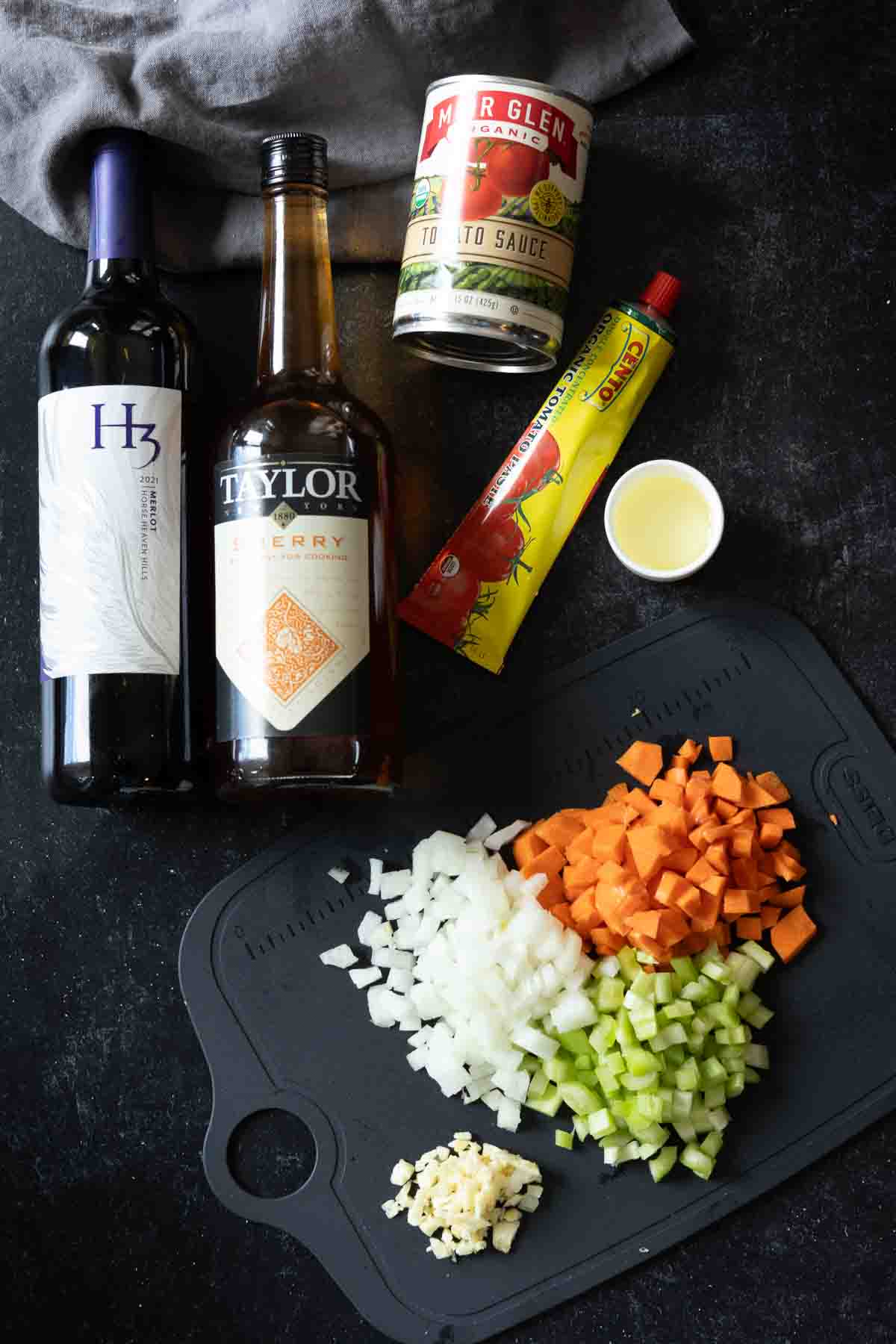 Ingredients to make ragu sauce to make Lamb Ragu with Pappardelle Pasta.