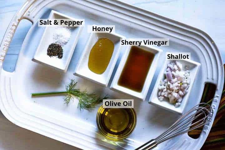 Ingredients to make a Spanish vinaigrette for a spanish salad side dish for paella.