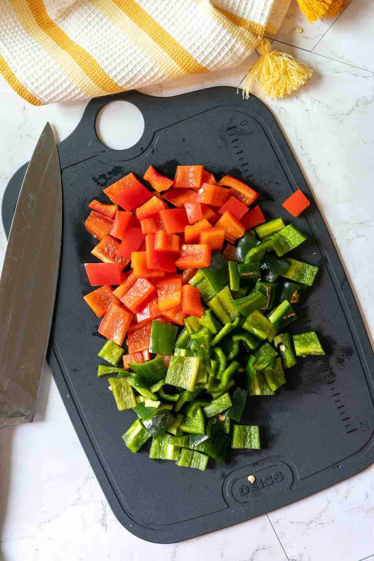 Chopped peppers to make Cottage Cheese Egg Bites.