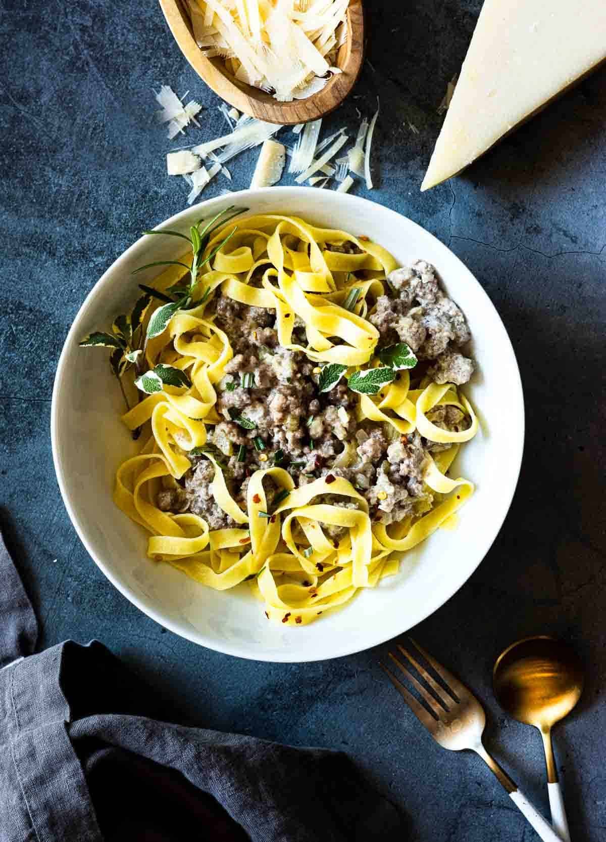 White Bolognese with Tagliatelle Pasta.
