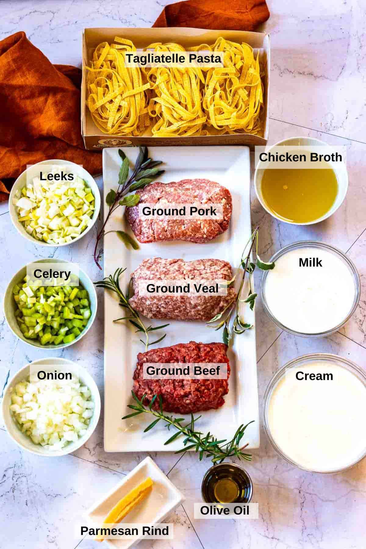 Ingredients to make White Bolognese with Tagliatelle pasta.